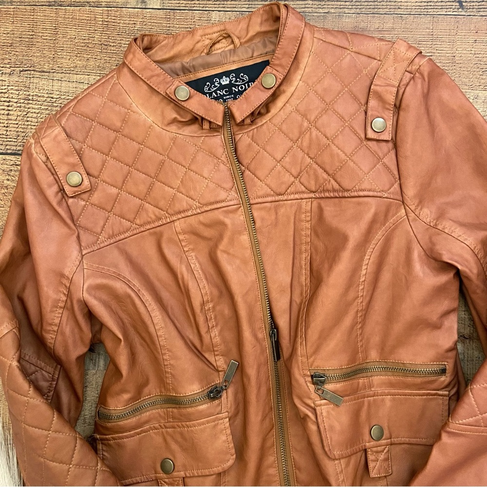 Cognac Quilted Moto Vegan Leather Jacket by BLANC NOIR - Picture 3 of 15